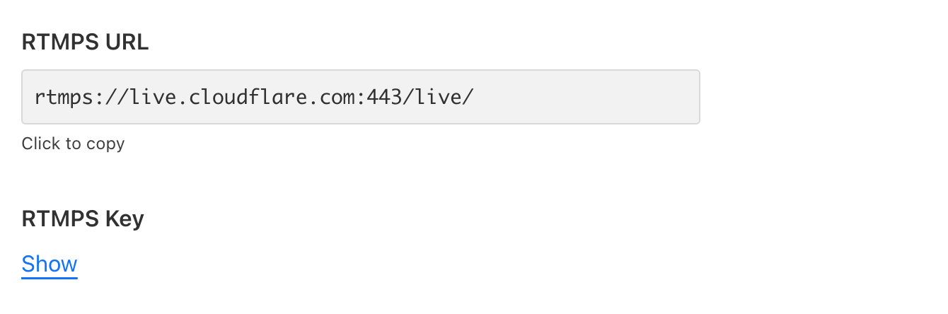 Screenshot of copying a RTMPS stream key from the Stream Dashboard
